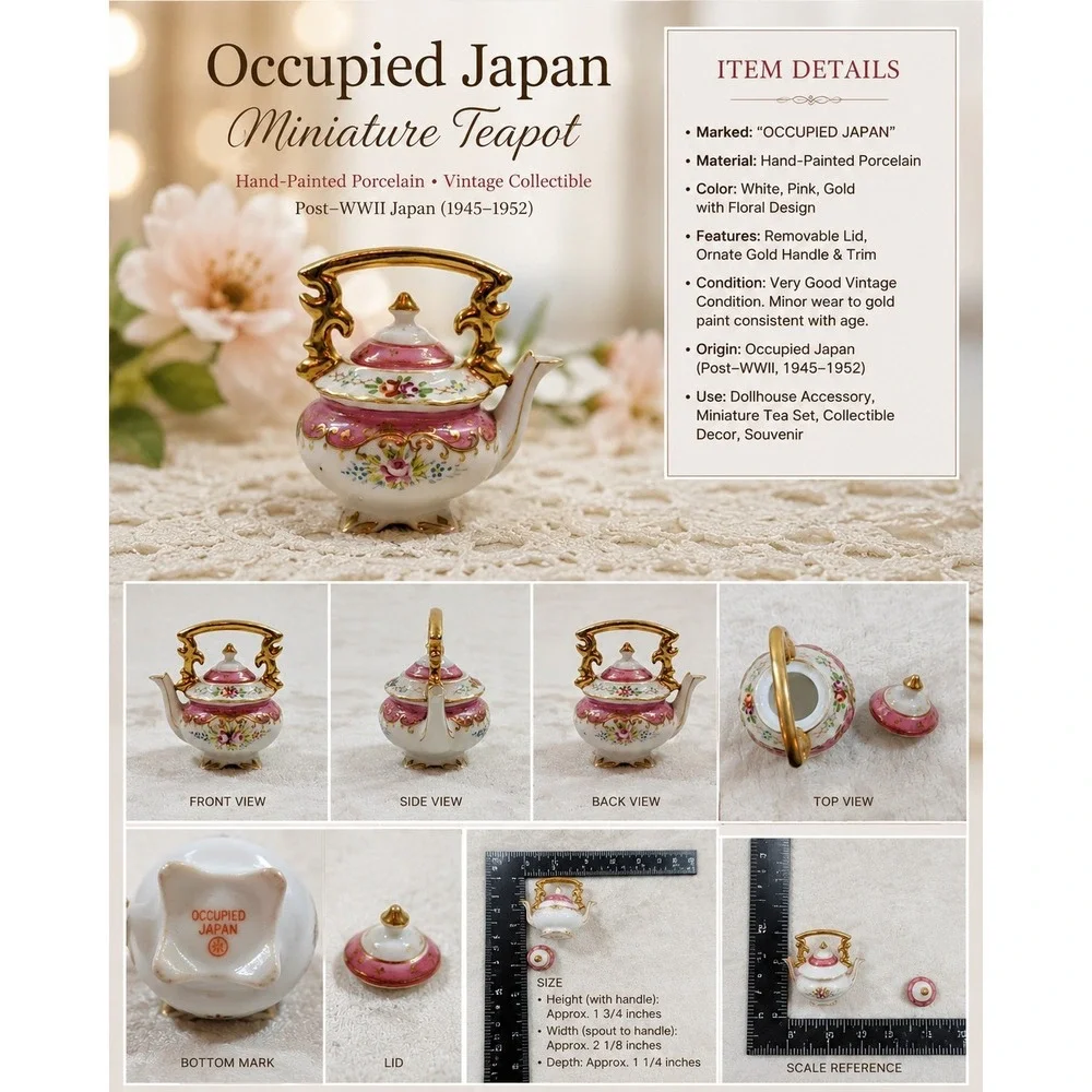Vintage Occupied Japan Miniature Teapot Pink Floral Gold Trim Porcelain 2.25